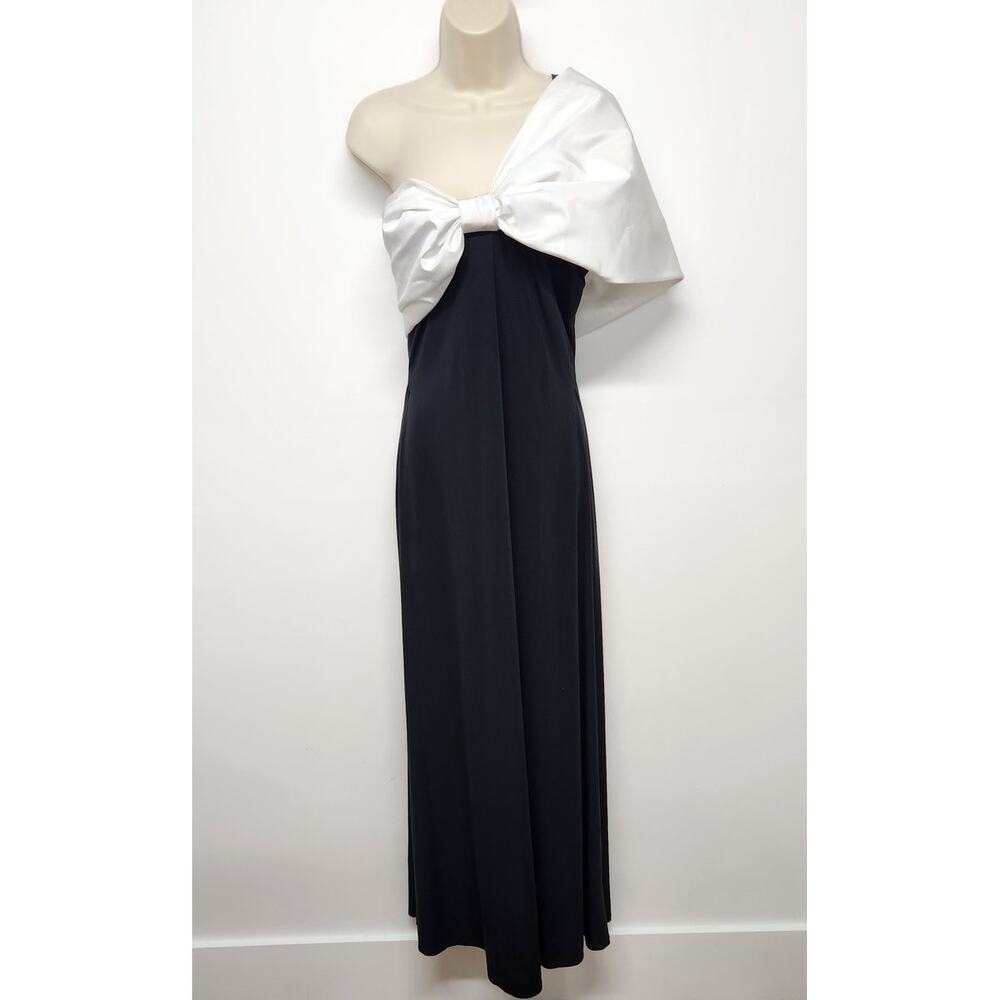 Rare VTG The Gilberts For Tally Maxi One Shoulder Black Dress White Bow, Size 8